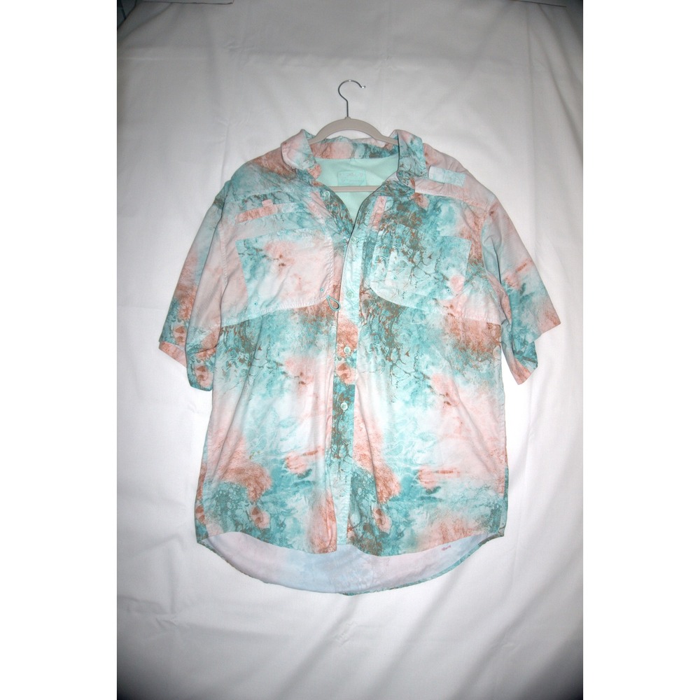 Reel Legends Medium Saltwater II Fishing Shirt Teal Peach Marble Print